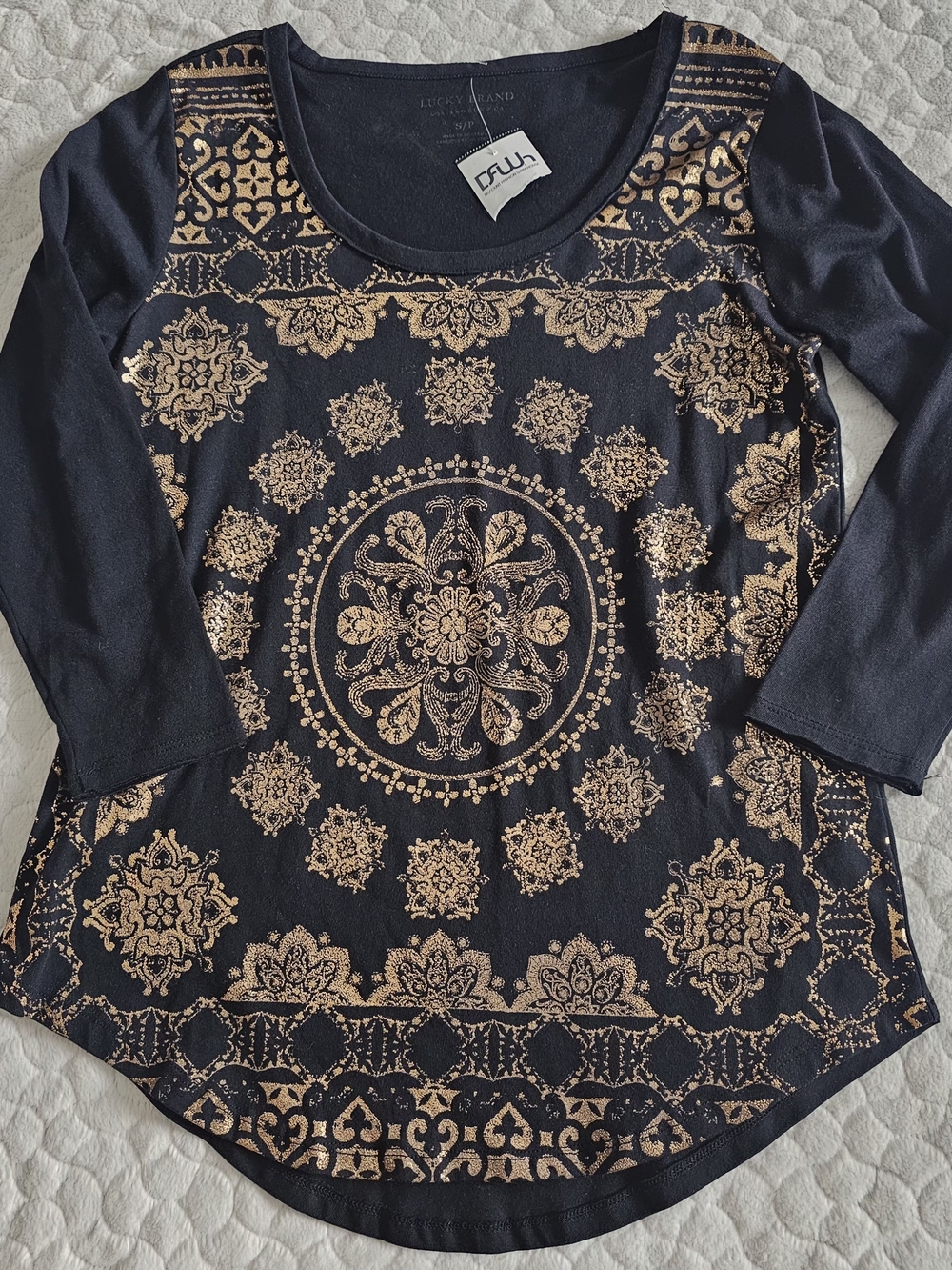 Lucky Brand Black 3/4 Sleeve Top with Metallic Gold Medallion Print